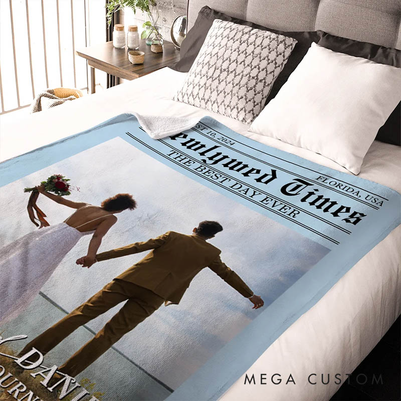 Personalized Couple Times Poster Design Photo Blanket with Text and Name Newlywed Wedding Newspaper Blanket Anniversary Gift for Husband Wife BF GF