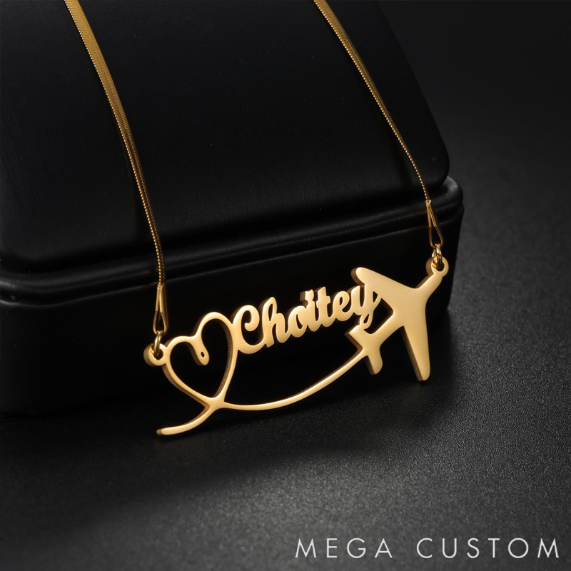 Personalized Name Necklace for Travel Enthusiasts Heart-Shaped Airplane