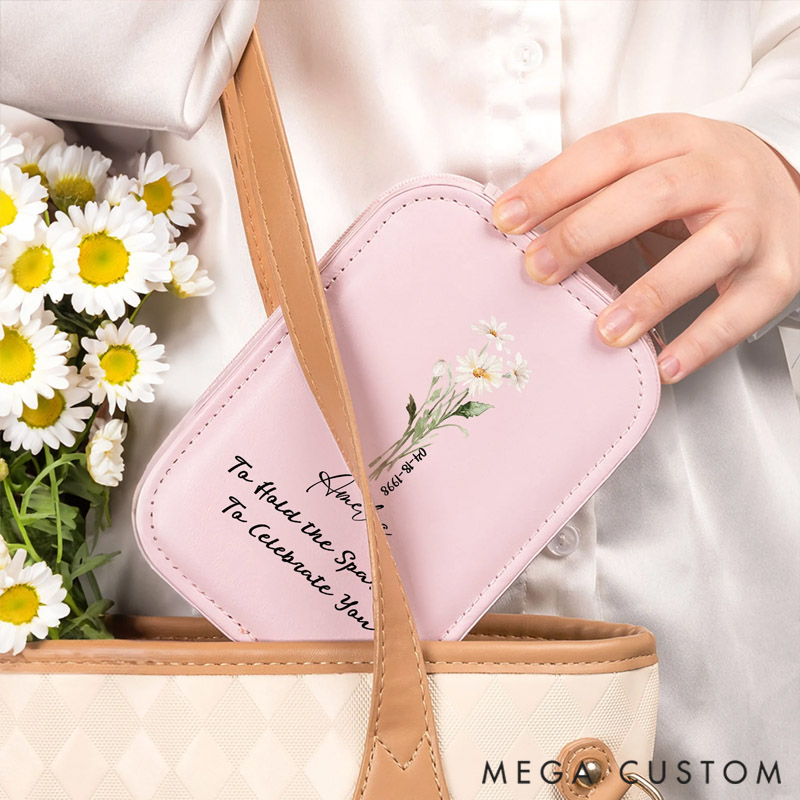 Personalized Birth Flower PU Leather Jewelry Box with LED Three-Color Adjustable Mirror and Text Name Date Travel Essential Birthday Gift for Women