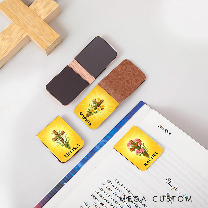 Personalized Cross Birth Flower PU Leather Magnetic Bookmark Clip with Name Religious Gift Birthday Gift for Christians