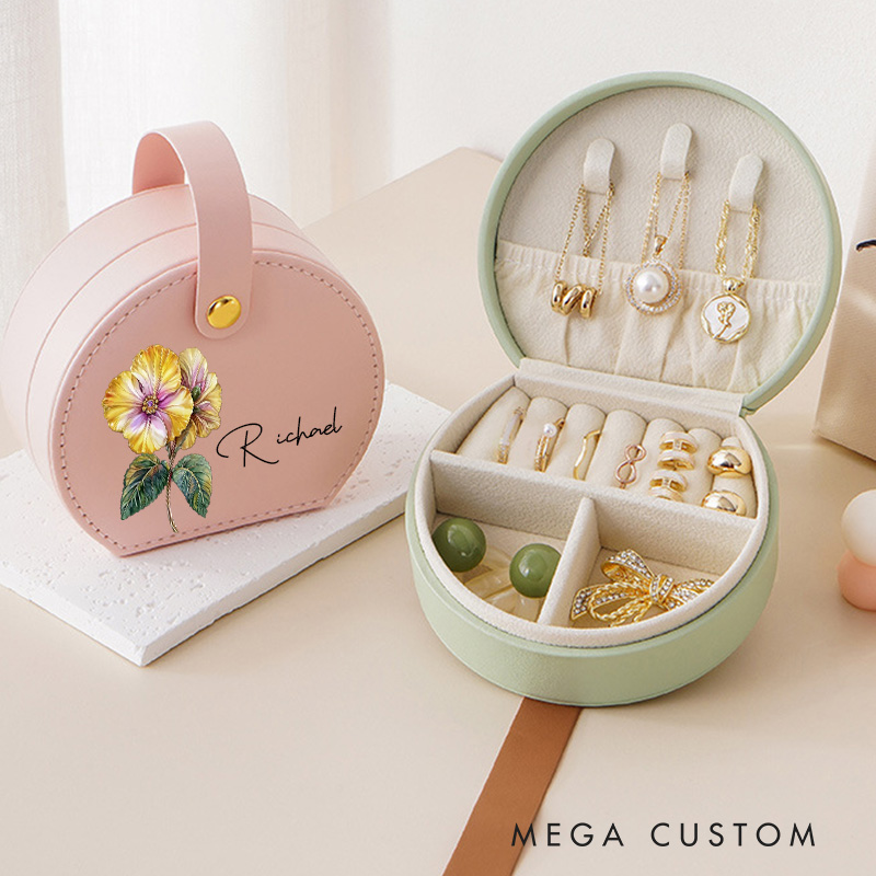 Personalized Retro Oil Painting Birth Flower with Birthstone Jewelry Box Wedding Jewelry Box For Bride Bridesmaid
