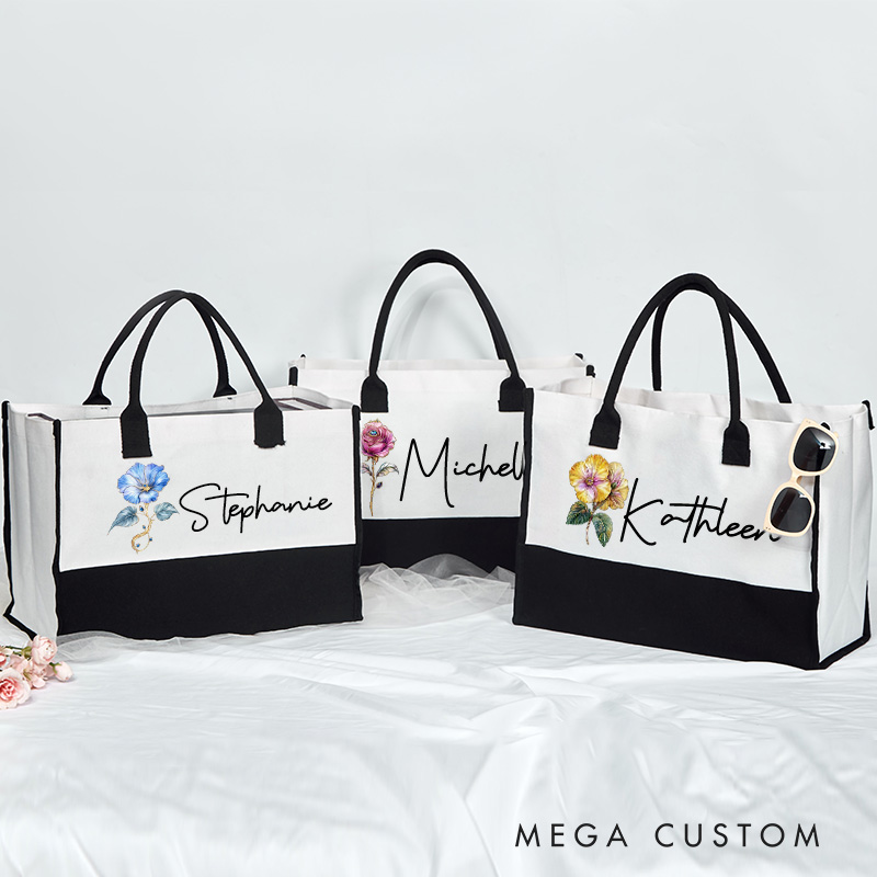 Personalized Retro Oil Painting Birth Flower Large  Bridesmaid Jute Tote Bag Bride Burlap Tote Bag