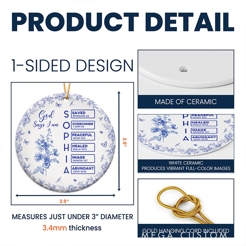 Personalized Toile De Jouy Birth Flower Bible Chapter Ceramic Ornament with Name Religious Gift for Christians