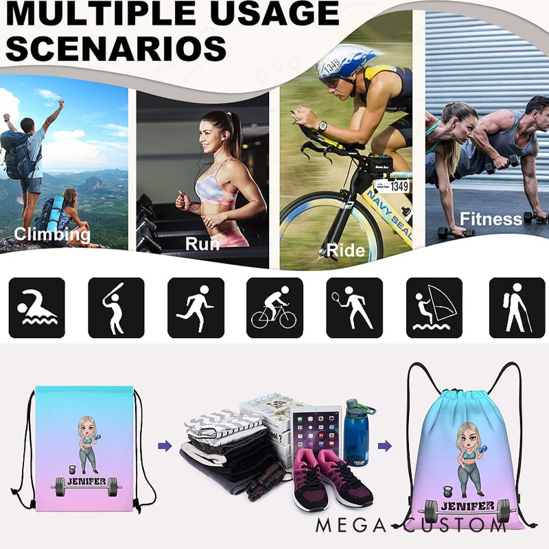 Personalized Cartoon Fitness Girl Design Water Resistant Drawstring Backpack with Name Gym Workout Birthday Gift for Sports Fitness Lovers