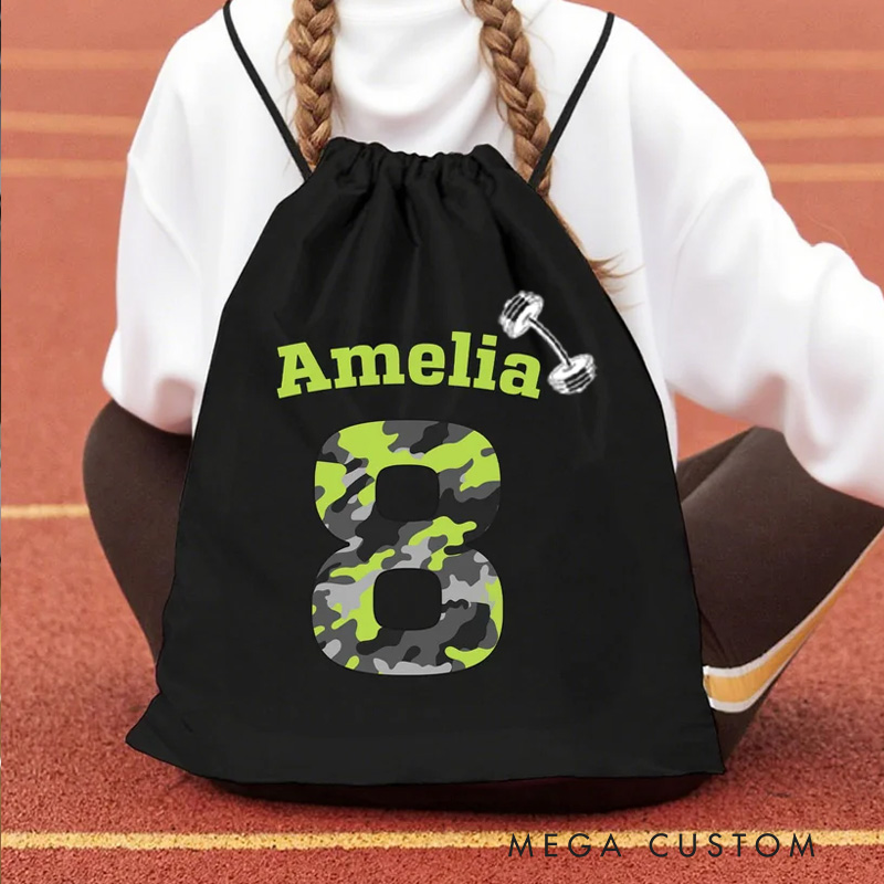 Personalized Stripes Camo Sports Pattern Name Drawstring Bag with Initial or Number Birthday Gift for Fitness Gym Sports Lovers