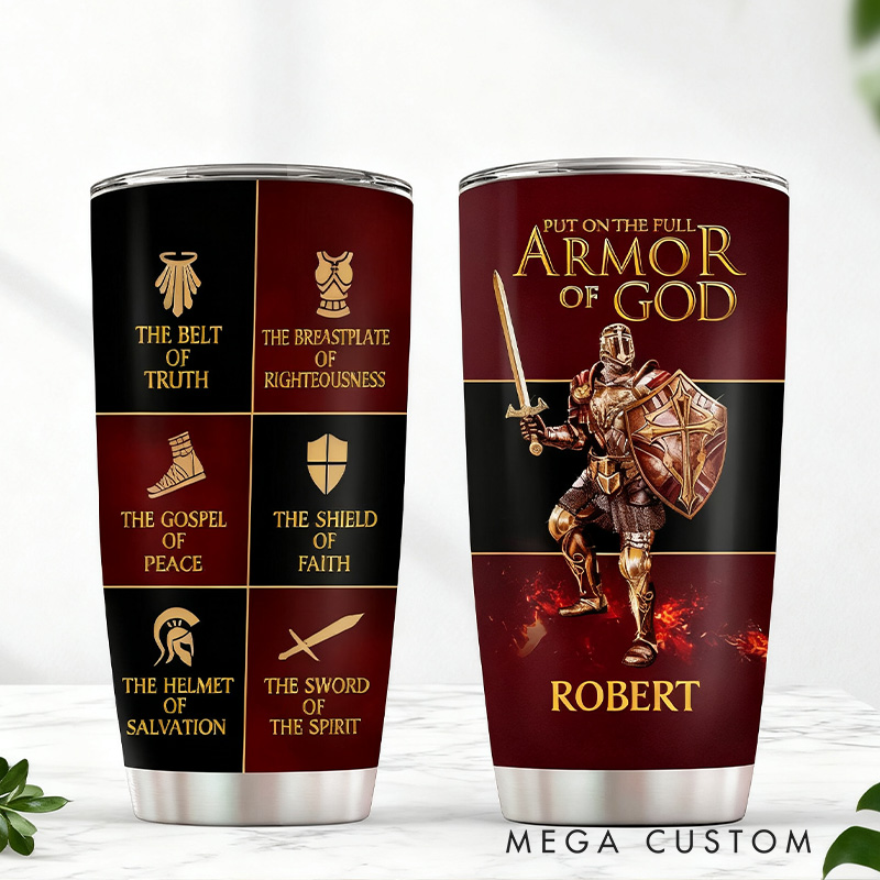 Personalized Put on the Full Armor of God 20oz Stainless Steel Tumbler with Name Religious Gift Faith Gift for Christians