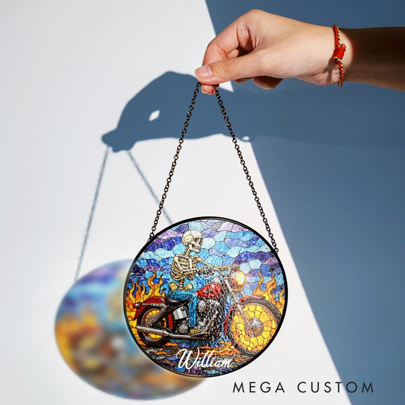 Personalized Skeleton Riding Motorcycle Stained Glass Suncatcher Gothic Window Decor Gift for Biker Friend