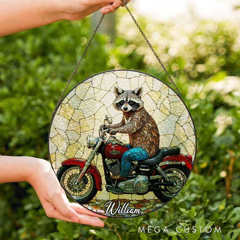 Personalized Raccoon Riding Motorcycle Round Glass Suncatcher Funny Animal Sun Catcher Gift