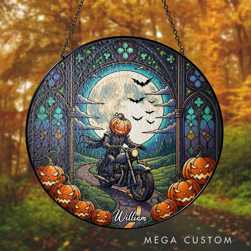 Personalized Pumpkin Rider Stained Glass Suncatcher Halloween Window Hanging Full Moon and Gothic Arches
