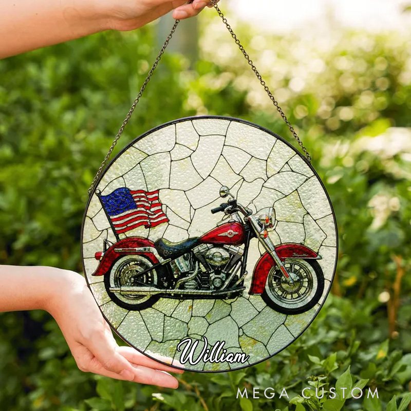 Personalized American Flag Red Motorcycle Stained Glass Suncatcher Window Decor Patriotic Gift