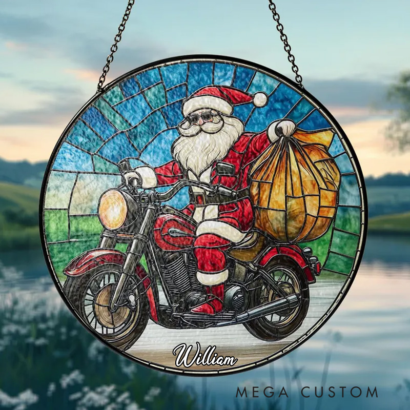 Personalized Stained Glass Santa Claus on Motorcycle Unique Christmas Holiday Decor