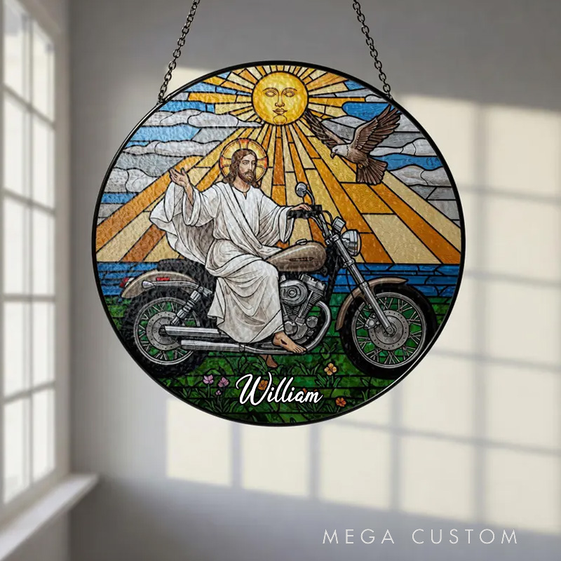 Personalized Jesus on Motorcycle Suncatcher Christian Biker Window Decor