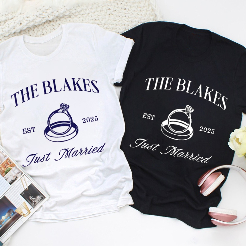Personalized Elegant Just Married Wedding Rings Newlyweds Wedding Couple Classic T-Shirt