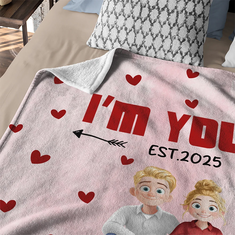 Personalized I'm Yours Couple Blanket Cute 3D Cartoon Couple Soft Throw Blanket with Name and Text Valentine's Day Anniversary Gift for Couples Lovers
