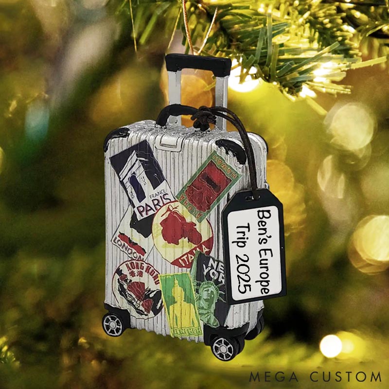 Personalized Christmas Ornament World Travel Suitcase Gift for Travel Lovers