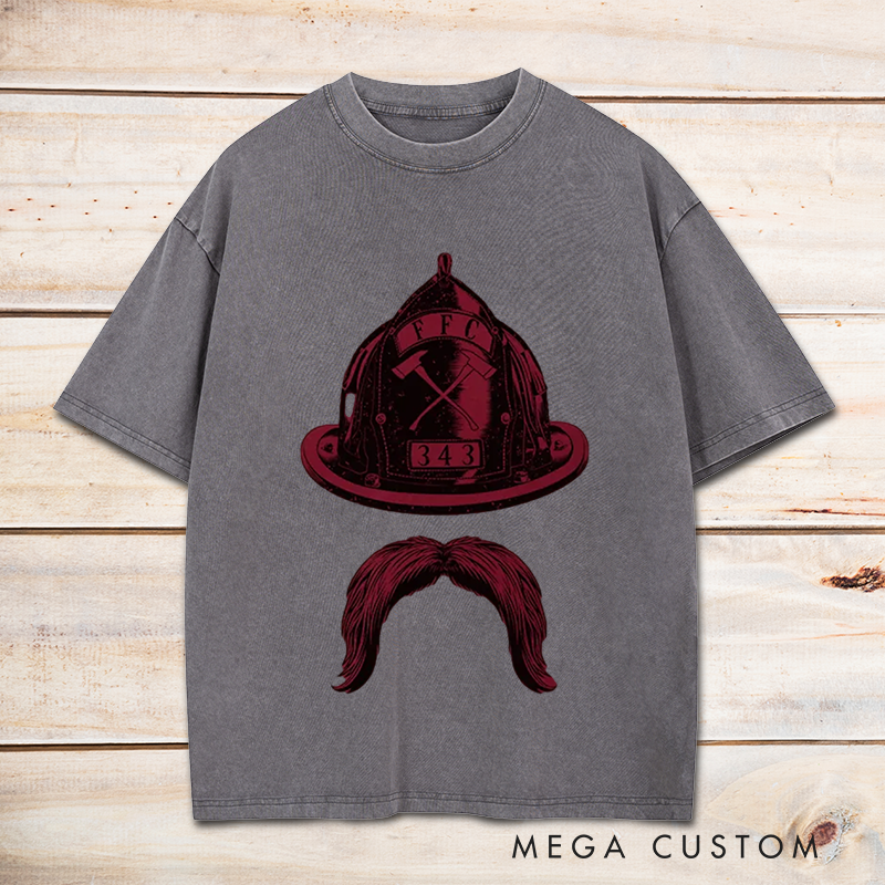 Personalized Firefighter Washed T-Shirt Fire Helmet and Mustache Minimalist Design Unique Gift for Firefighters