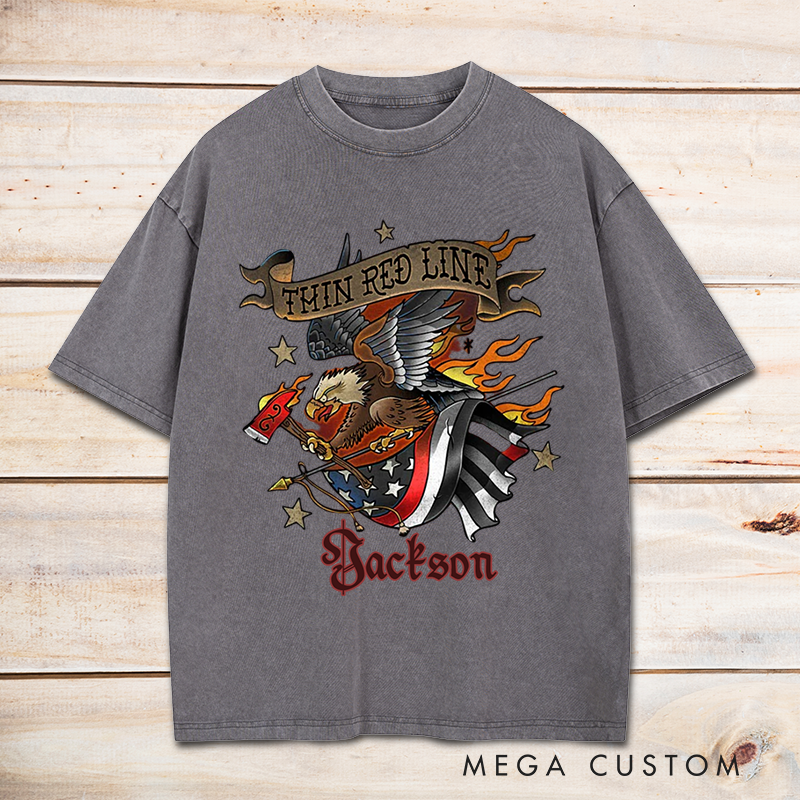 Personalized Firefighter Washed T-Shirt Thin Red Line Eagle and Flag Patriotic Design Unique Gift for Firefighters