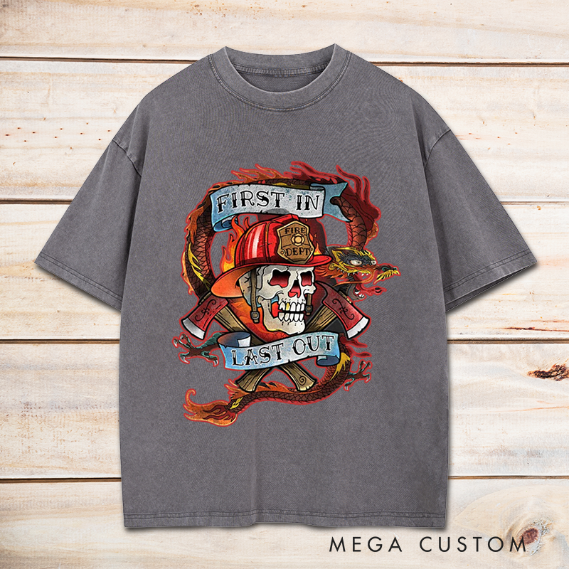 Personalized Firefighter Washed T-Shirt First In Last Out Skull and Fire Helmet Design Unique Gift for Firefighters