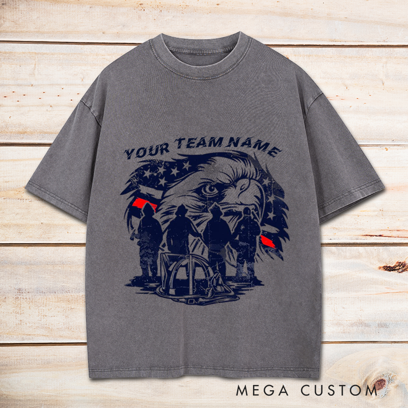 Personalized Firefighter Washed T-Shirt Custom Team Name Bald Eagle and Firefighter Silhouette Design Gift for Firefighter Teams