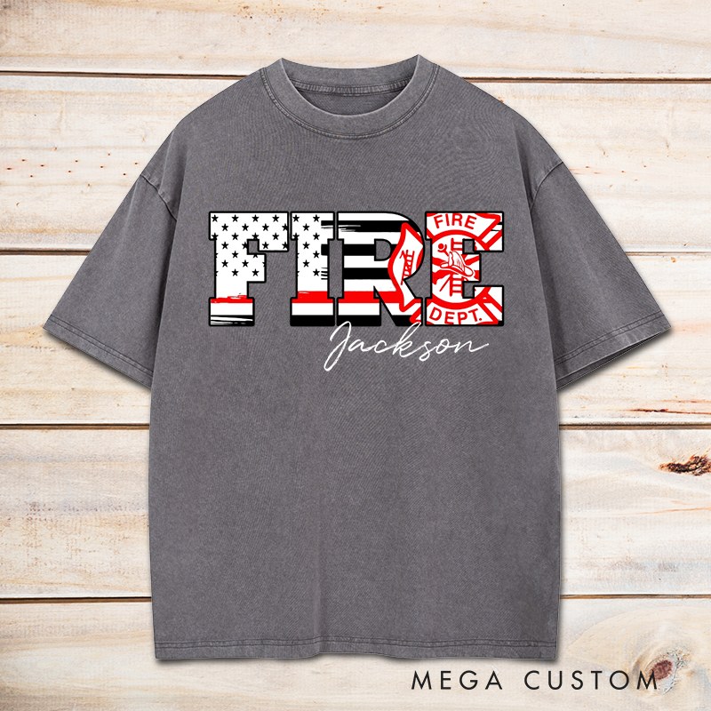 Personalized Firefighter Washed T-Shirt FIRE Lettering with Patriotic and Fire Dept Design Gift for Firefighters