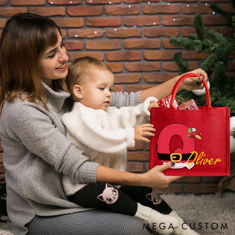 Personalized Red Hemp Gift Tote Bag Traveling Santa Reusable with Initials Printed Exclusively for Christmas Parties