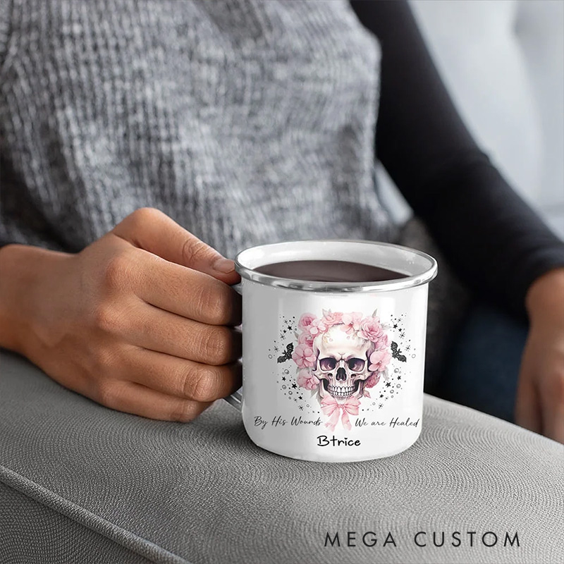 Personalized by His Wounds we are Healed Pink Floral Skull Bats Enamel Mug with Name Halloween Gift Religious Gift