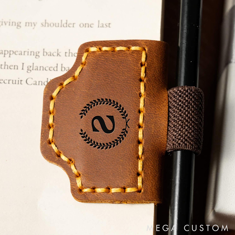 Personalized Leather Magnetic Bookmark with Pen Clip Engraved Magnet Book Clip Design with Name or Initials Handmade Reader Gift