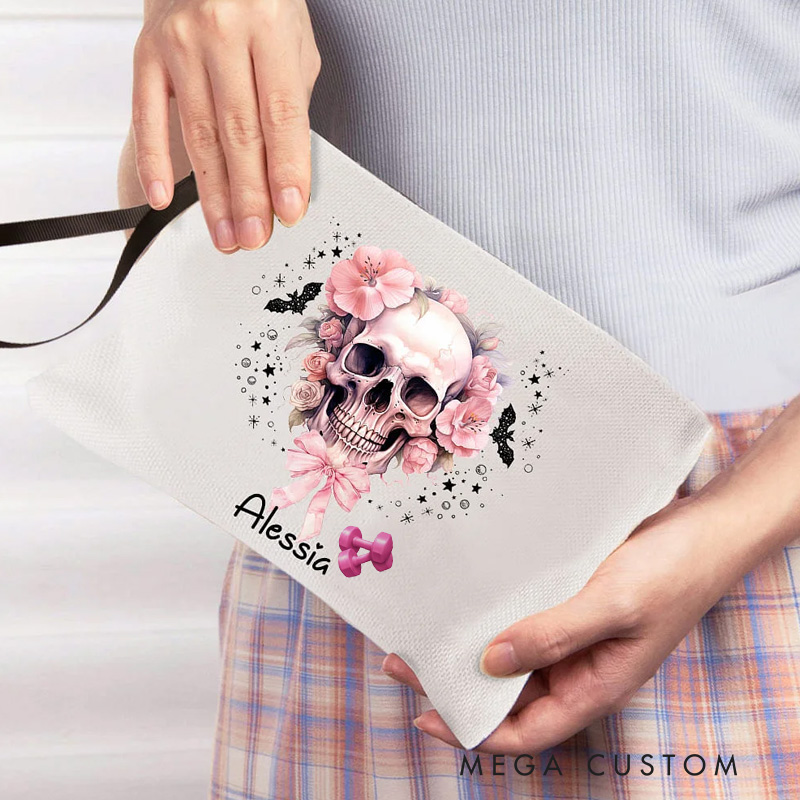 Personalized Gym Makeup Bag Pink Floral Skull Bats Makeup Bag with Name Halloween Gift for Women