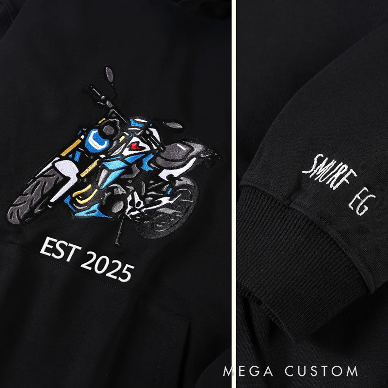 Personalized Iconic Car Motocycle Embroidered Photo T-shirt Sweatshirt Hoodie with Text Birthday Anniversary Gift for Car Owners