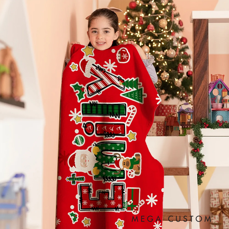 Personalized Cross Christmas Reindeer Santa Claus Christmas Name Soft Throw Blanket Home Decor Religious Christmas Party Gift for Kids Family Friends