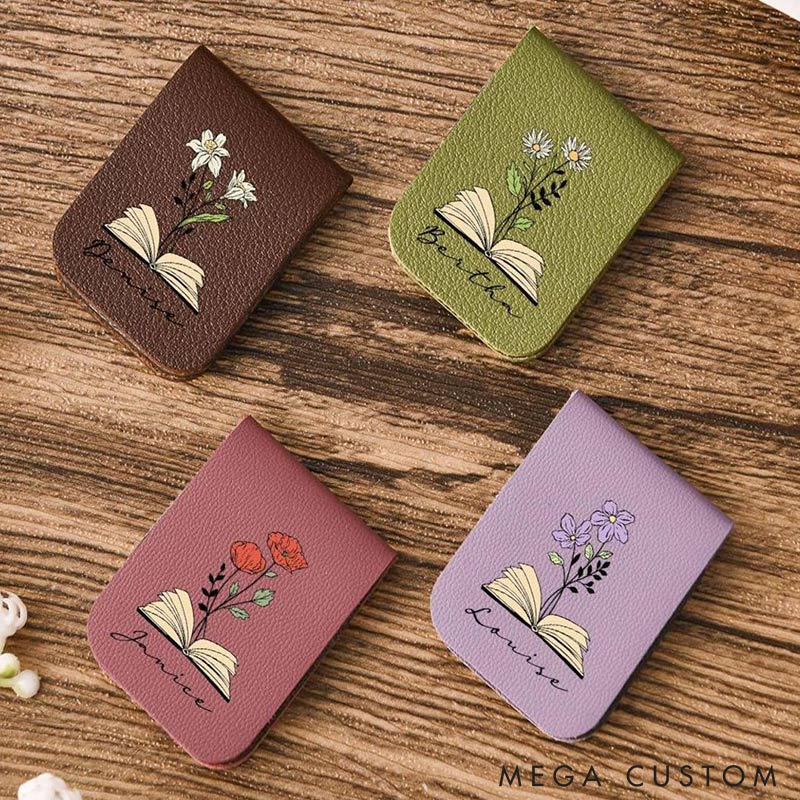 Personalized Name Bookmark with Birth Flower Custom Leather Birth Flower Bookmark Magnetic Bookmark Book Lover Gift Book Accessory