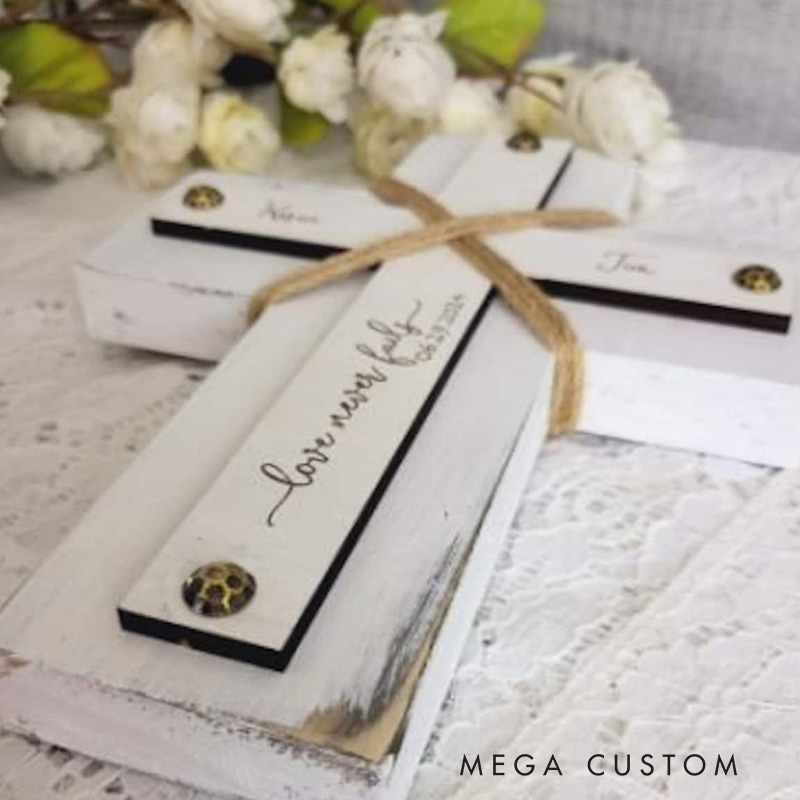 Personalized Love Never Fails Wood Wall Cross with Name Home Decor Wedding Gift Religious Gift 