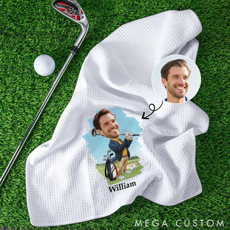 Personalized Head Photo Character Golf Towels with Name and Carabiner Clip for Game Day A Unique Gift for Golf Lovers