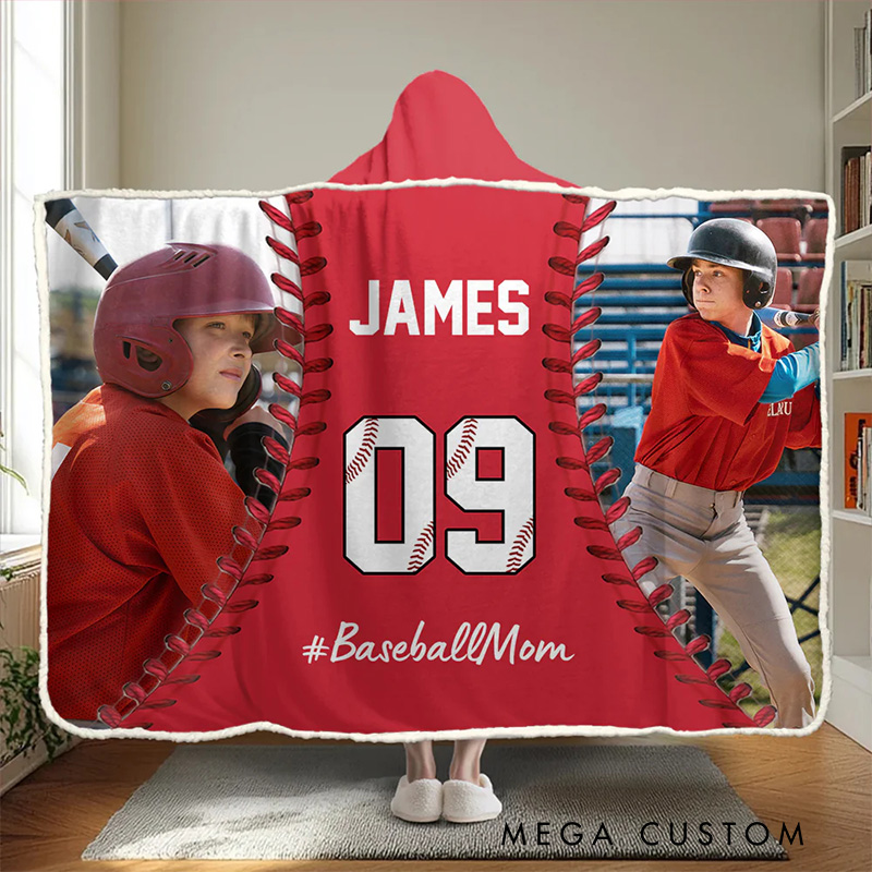 Personalized Photo Wearable Blanket Hoodie with Custom Name and Photo Baseball Mom