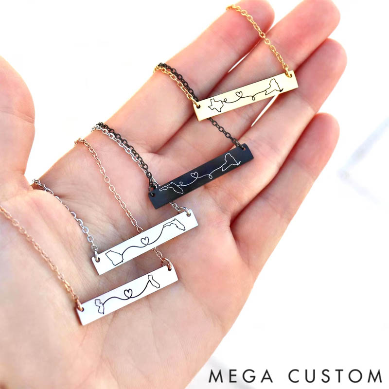 Personalized Rectangular Necklace Travel Destination Engraved Pendant Custom Destination Map