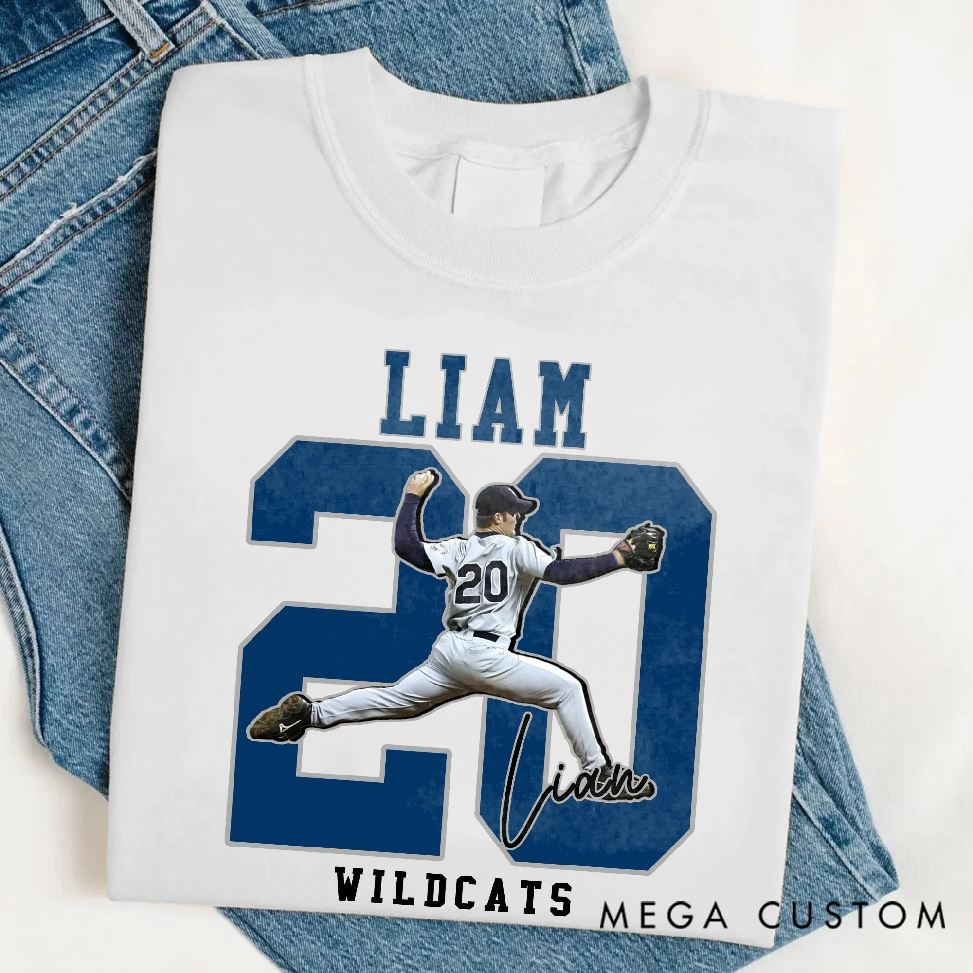 Personalized American Football Photo Heavyweight 100% Cotton T-shirt with Name and Number Game Day Club Gift for Sport Player Mom