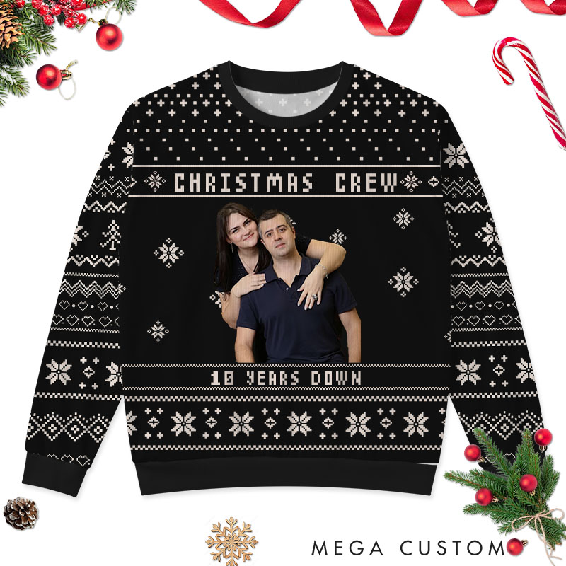 Personalized  Couple Christmas Crew Photo Ugly Sweater Couple Festive Sweater with Photo for Husband Wife Couple Anniversary Ugly Sweater