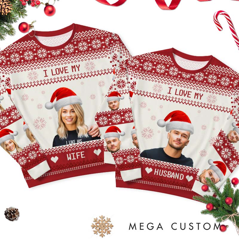 Personalized I Love My Wife Husband Christmas Sweaters Couple Photo Ugly Sweater Husband Wife Xmas Sweater with Photo
