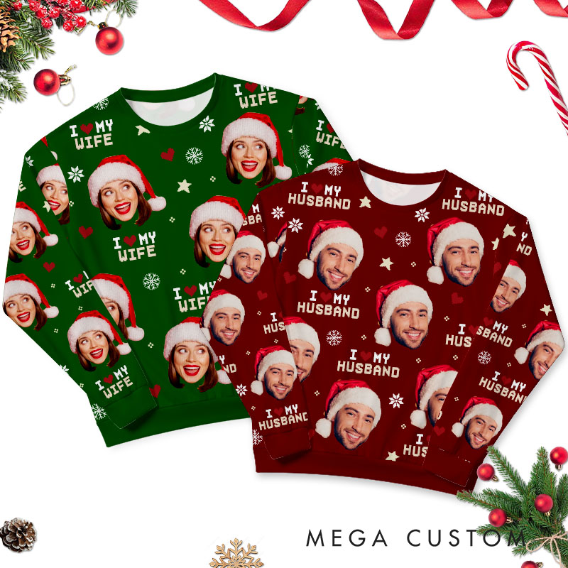 Personalized I Love My Wife Husband All-Over Ugly Sweater Couple Christmas Sweater Husband Wife Couple Edition Ugly Sweater Xmas Gift Sweater with Photo