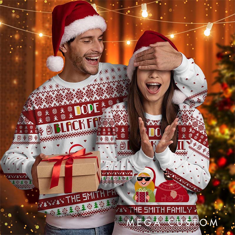 Personalized Couple Dope Happy Christmas Ugly Sweater Couple Xmas Crewneck Sweatshirt Christmas Gift for Boyfriend Girlfriend Husband Wife