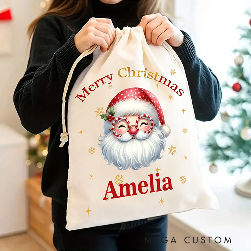 Personalized Merry Christmas Cute Cartoon Santa Claus Drawstring Canvas Christmas Gift Bag with Name Christmas Gift Religious Gift