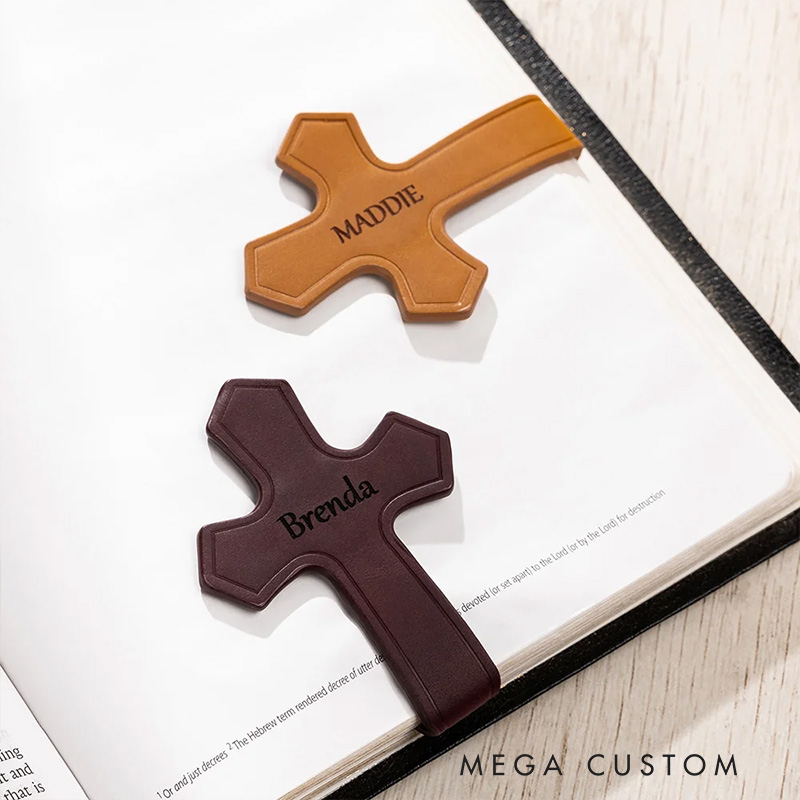 Personalized Engraved Name Cross PU Leather Magnetic Bookmark Clip Reading Accessory Religious Baptism Gift for Book Lover Christian