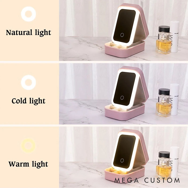 Personalized Cartoon Character Birth Flower Leather Jewelry Box with LED Three-color Makeup Mirror Travel Essential Birthday Gift for Women