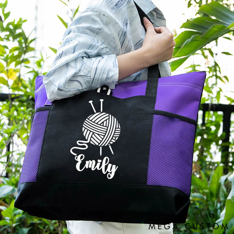 Personalized Knitted Design Large Mesh Tote Bag with Name Birthday Gift for Sewing Crocheting Lovers