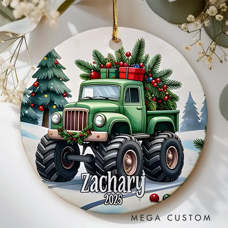 Personalized Monster Truck Christmas Ornament with Festive Decorations and Customizable Colors for Holiday Cheer