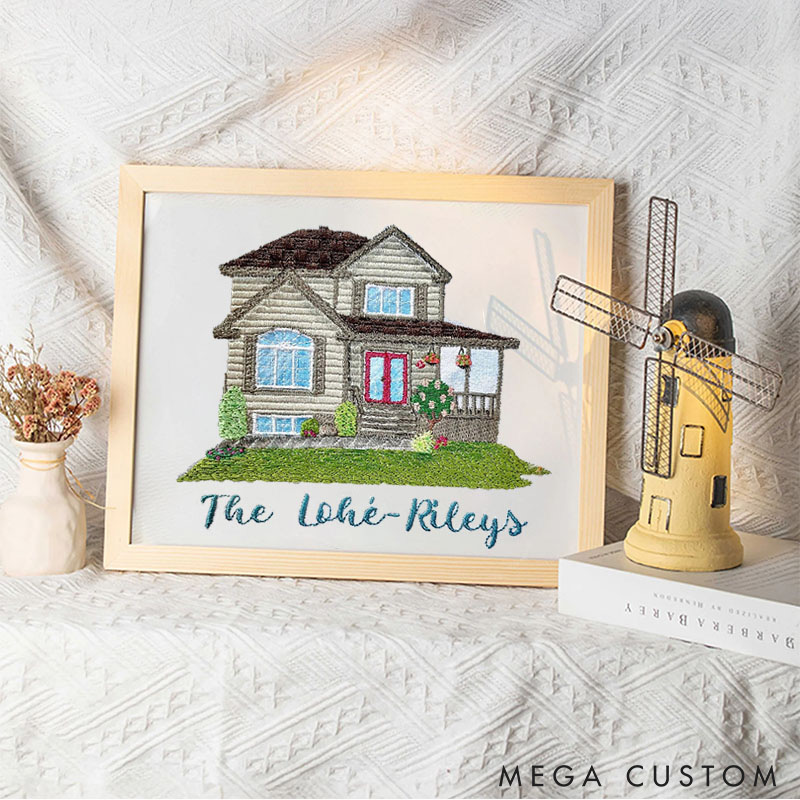Personalized Embroidered House Photo Frame with Family Name Home Decor Wedding Housewarming Christmas Gift for Family Friends