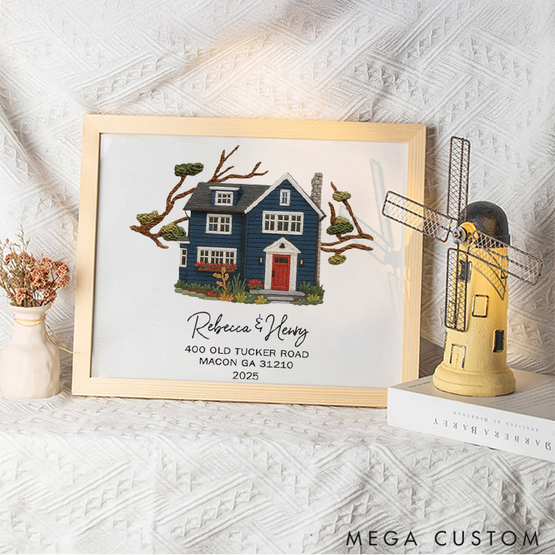 Personalized Embroidered House Photo Frame with Name Address Home Decor Custom Housewarming Gift from Photo New Home Wedding Christmas Gift for Family