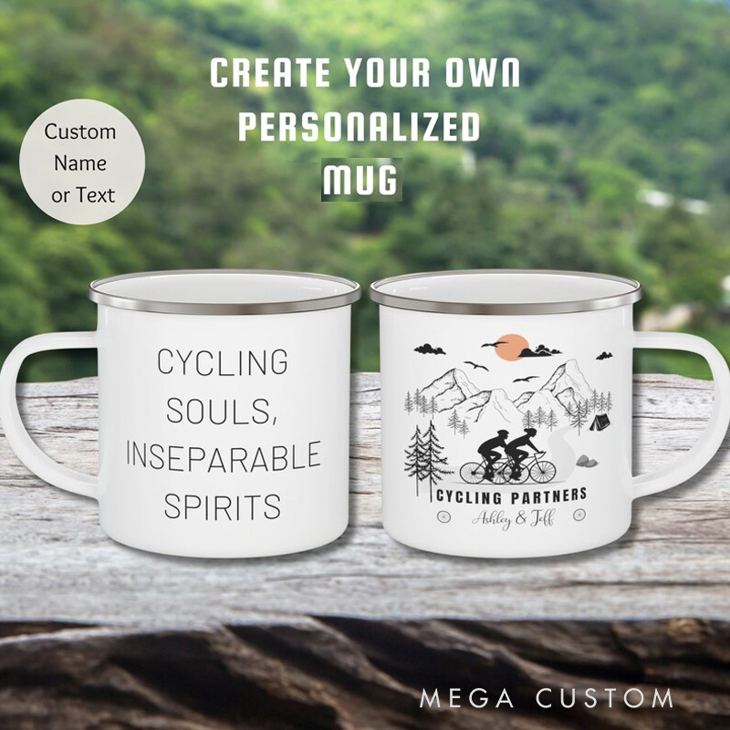 Personalized Cycling Partners Mug Couples Enamel Mug Mountain Bike Mug Cyclist Campfire Nature Lover
