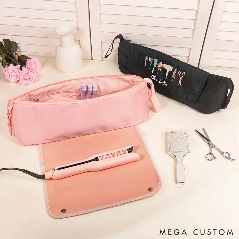 Personalized Stylish Birth Flower Hairdressing Element Portable Hair Tools Travel Bag with Name and Heat Resistant Mat Birthday Gift for Women