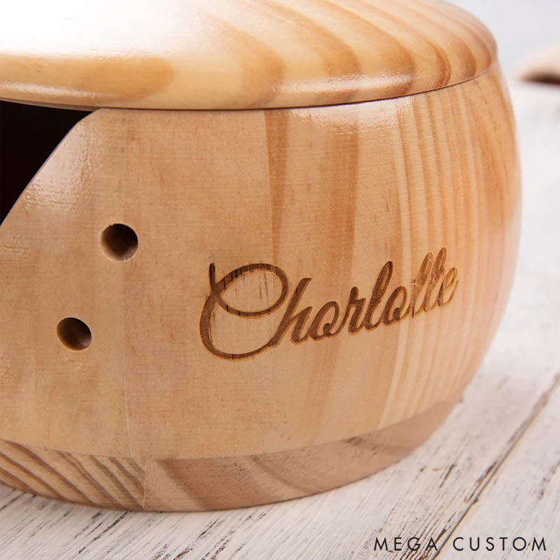 Personalized Handmade Wooden Crochet Knitting Yarn Bowl with Lid and Engraved Name Gift for Mom Grandma Craft Lovers
